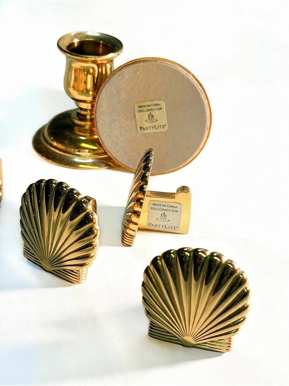Vintage PartyLite Brass Set 8pc - 2 Candlestick Holders + 6 Scallop Shell Napkin